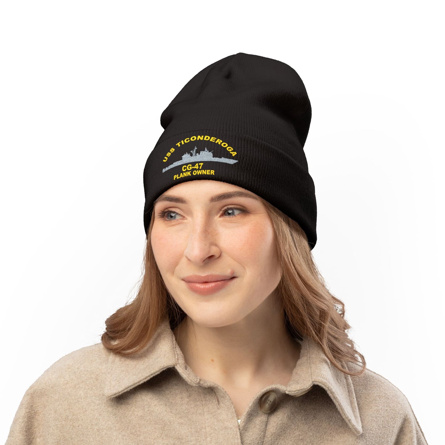 USS Ticonderoga Embroidered Knit Beanie, Warm Winter Hat, Military Gift, Plank Owner Beanie, Nautical Apparel, Unique Maritime Gifts