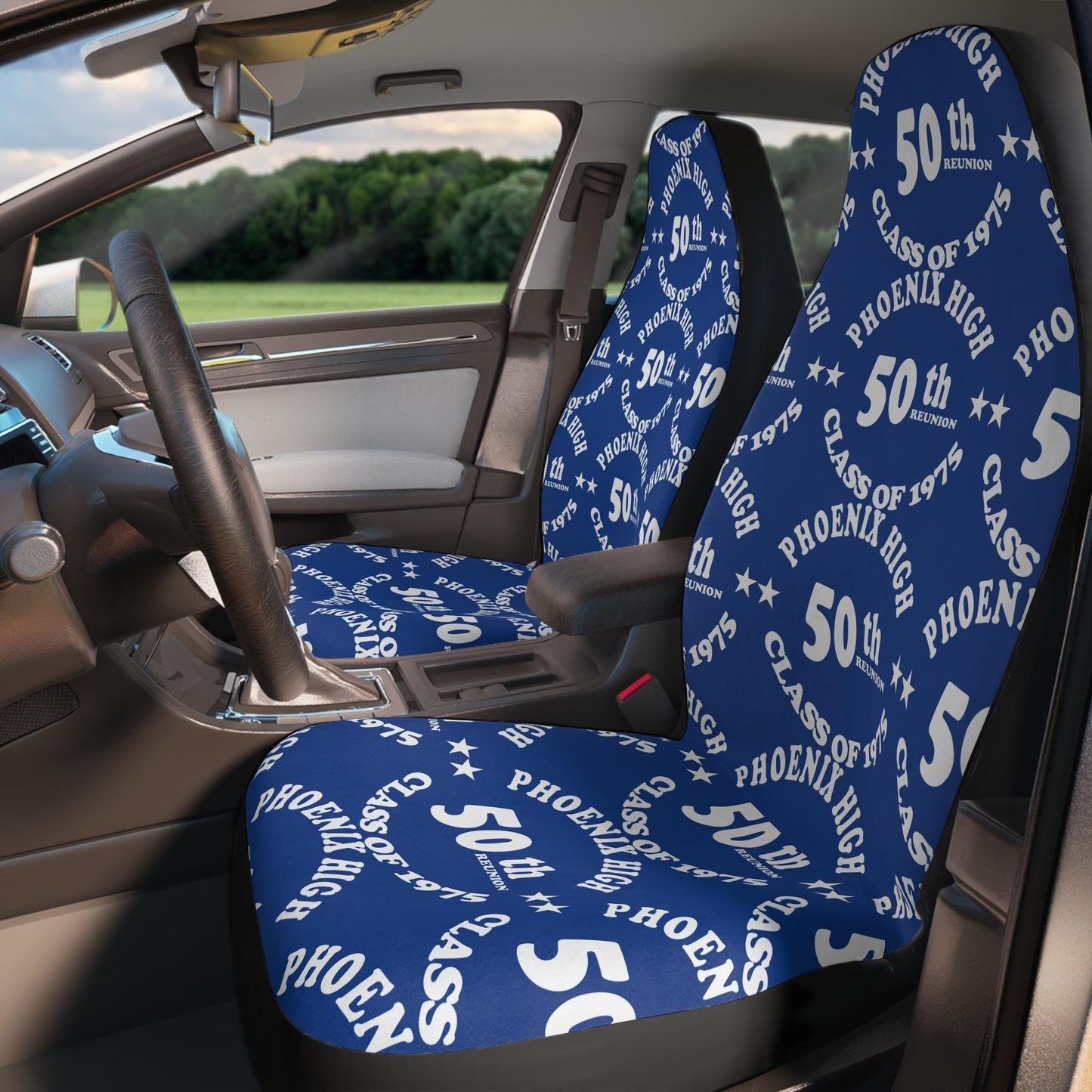 50th Class Reunion Car Seat Covers | Blue Polyester | High School Memory